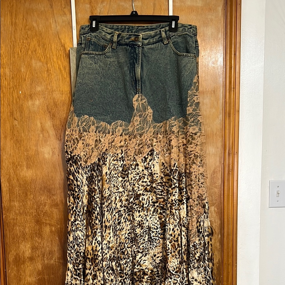 Newport News Denim and Leopard A-Line Skirt